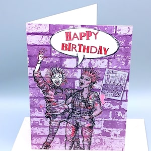 Biglietto di compleanno punk, biglietto d'arte punk, arte punk rock, biglietto punk degli anni '70 per donne, biglietto da donna anarchico, biglietti ecologici, biglietti riciclati,