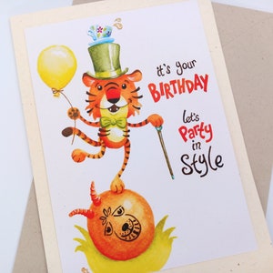 Tijger verjaardagskaart, space hopper, retro verjaardag, eco vriendelijke kaarten, grappige tijger, gerecycleerde kaarten, tijger liefhebbers cadeau, kaarten voor vrienden