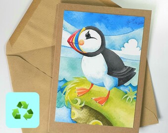 Puffin greeting card, eco friendly cards, recycled cards, sea bird art, coastal art cards for bird lovers, seaside cards, wildlife art card