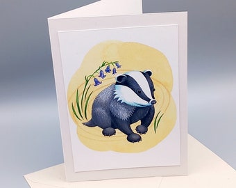 Badger card, blank card, art card for badger lovers, bluebells art, recycled greetings card, eco friendly cards, nature lover card