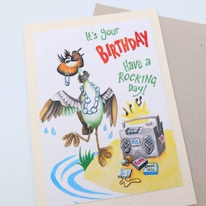 Cartão de aniversário de rock, cartão de aniversário de pássaro, punk rock, aniversário retrô, cartão de observador de pássaros, cartão punk, cartão de amigo, rock n roll, cartões reciclados