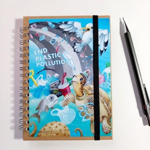 End plastic pollution notebook, recycled eco friendly gift, protect our planet A6 spiral notebook, save the seas, ocean lover gift, turtles