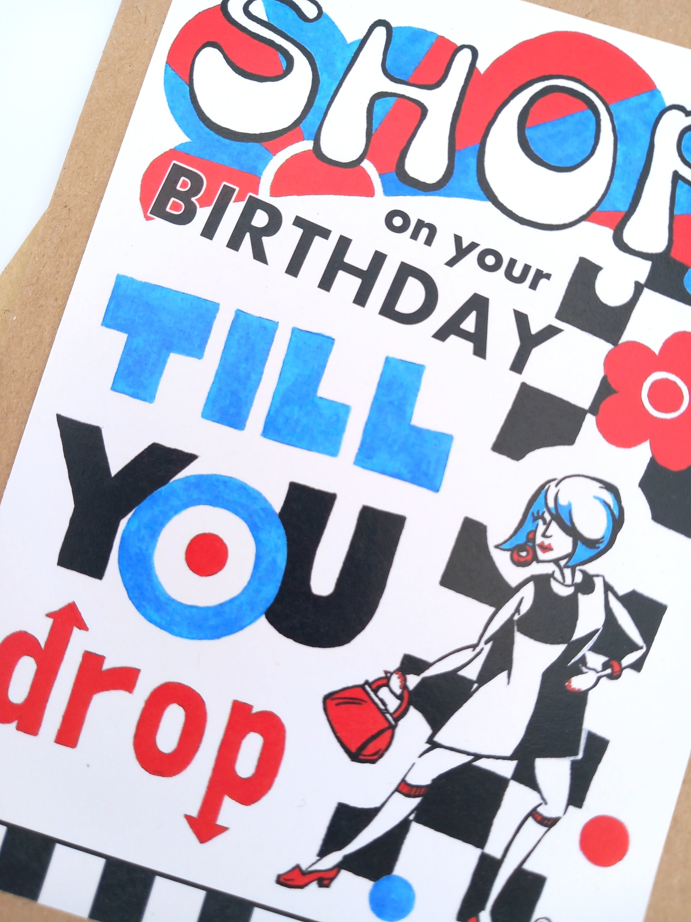 Shop Till You Drop Birthday Card, 1960's Mod Style Greetings Card