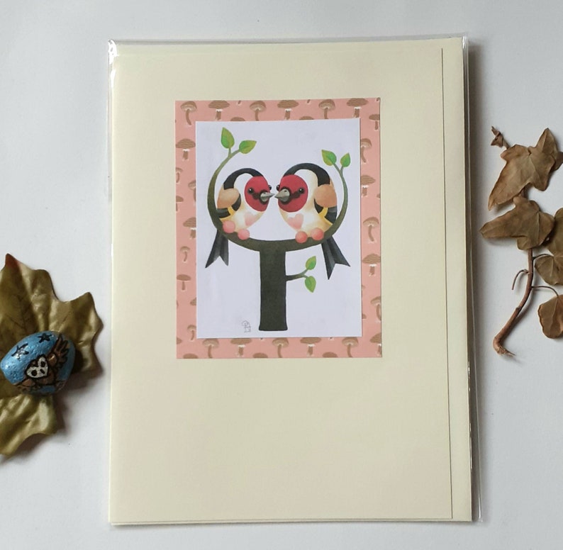 garden birds art card. fiancee card Goldfinch birds greetings card Husband or wife birthday twins card Engagement card Wedding card