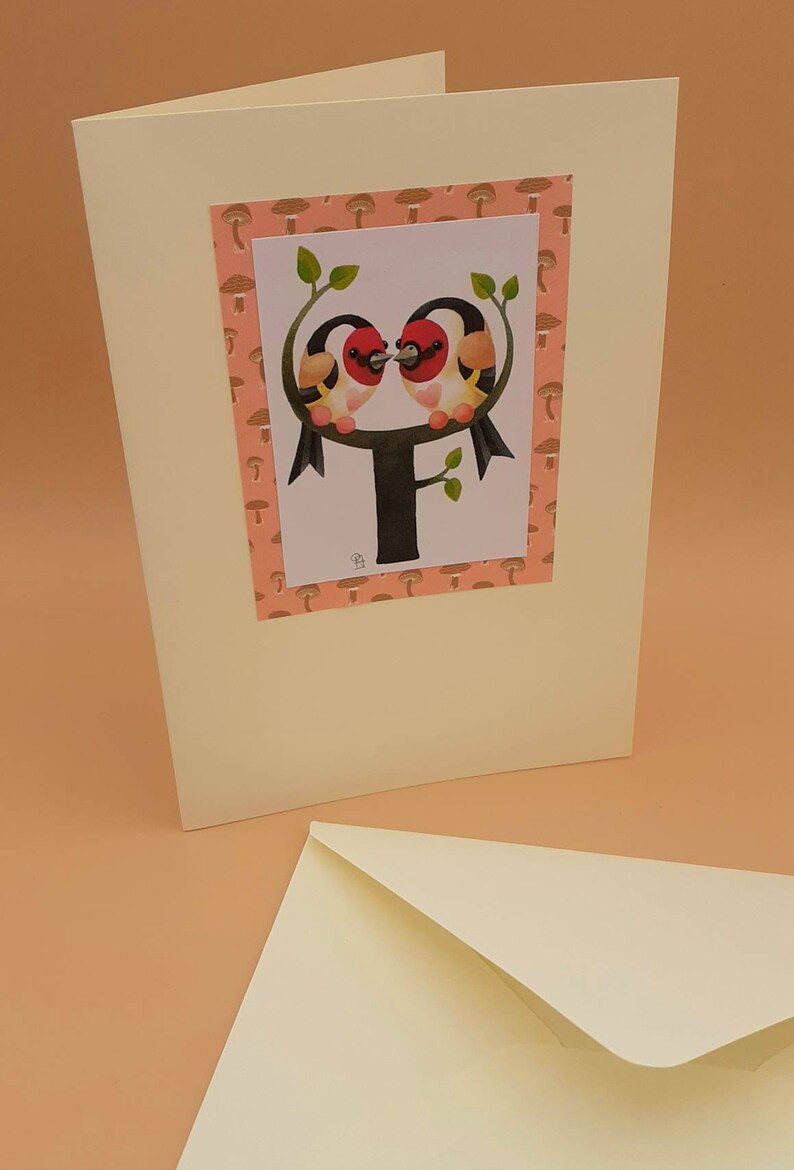 garden birds art card. fiancee card Goldfinch birds greetings card Husband or wife birthday twins card Engagement card Wedding card
