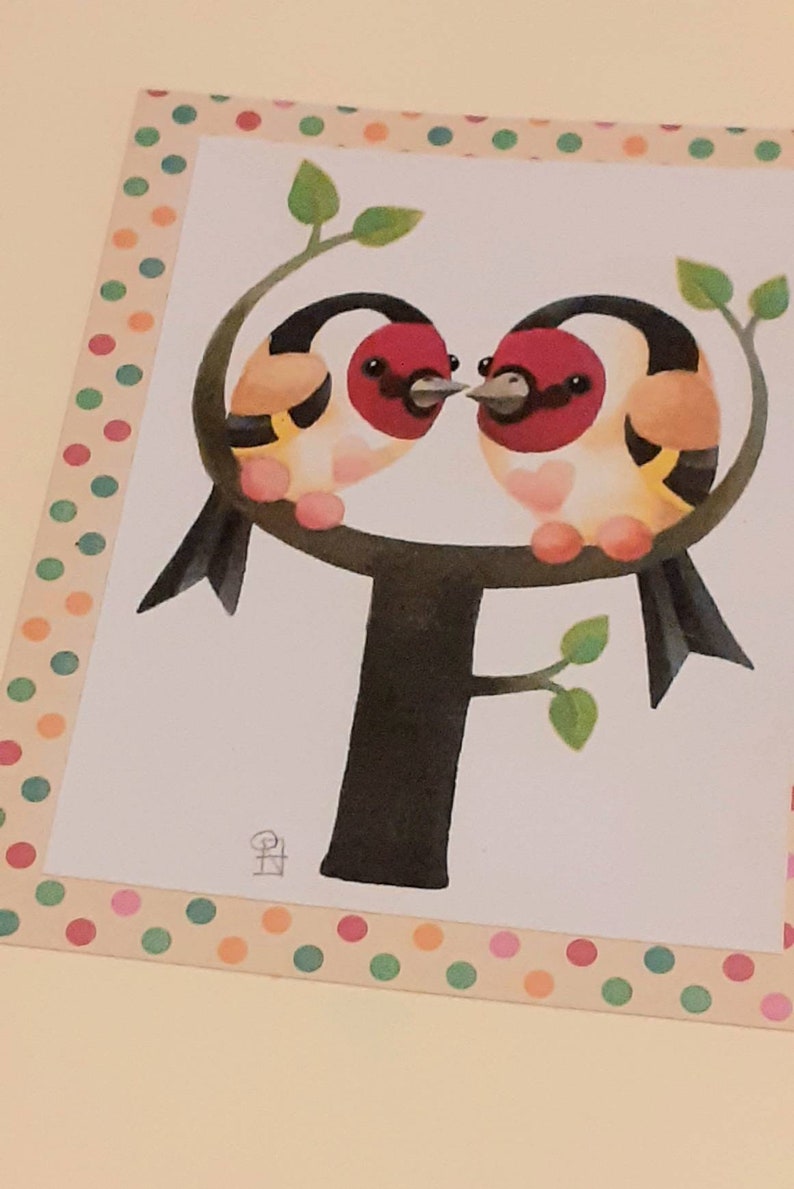 garden birds art card. fiancee card Goldfinch birds greetings card Husband or wife birthday twins card Engagement card Wedding card