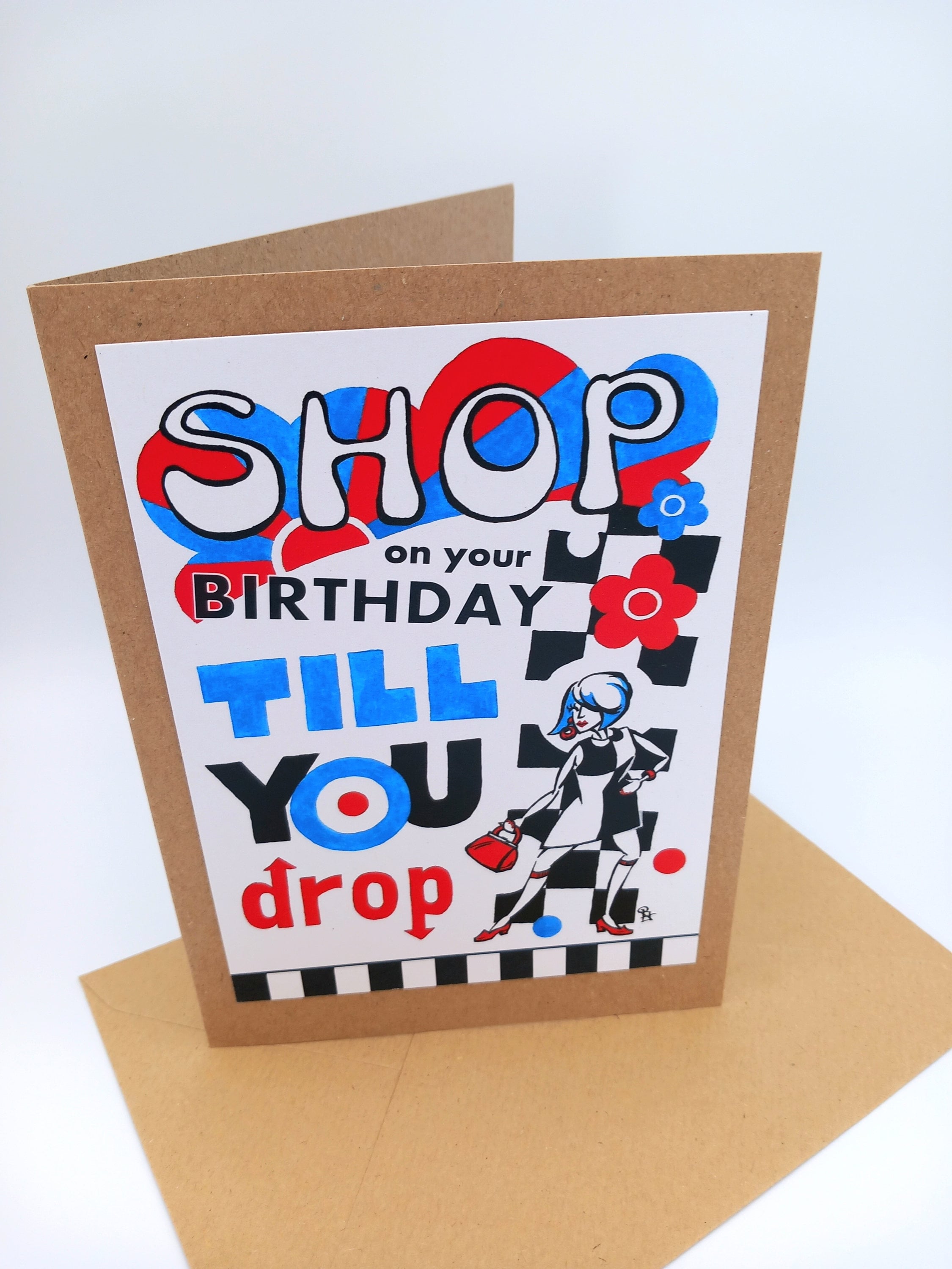 Shop Till You Drop Birthday Card, 1960's Mod Style Greetings Card