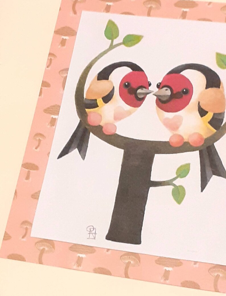 garden birds art card. fiancee card Goldfinch birds greetings card Husband or wife birthday twins card Engagement card Wedding card