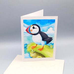 Tarjeta de felicitación de frailecillos, tarjetas ecológicas, tarjetas recicladas, arte de aves marinas, tarjetas de arte costero para amantes de las aves, tarjetas junto al mar, tarjeta de arte de vida silvestre