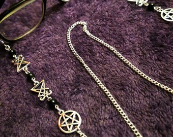 Gemstone and baphomet glasses chain unisex