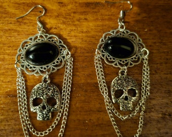 Gemstone  and skull chained dangle earrings  gothic pagan