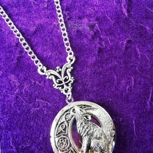 Wolf howling to moon locket pendant necklace unisex celtic pagan witchy Wiccan