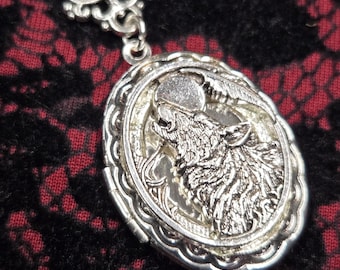 wolf calling to moon locket necklace  unisex pagan jewellery