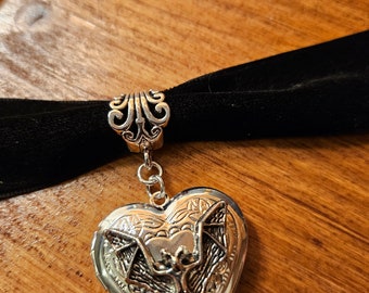 Vampire bat on heart locket choker gothic  dark jewellery  unisex