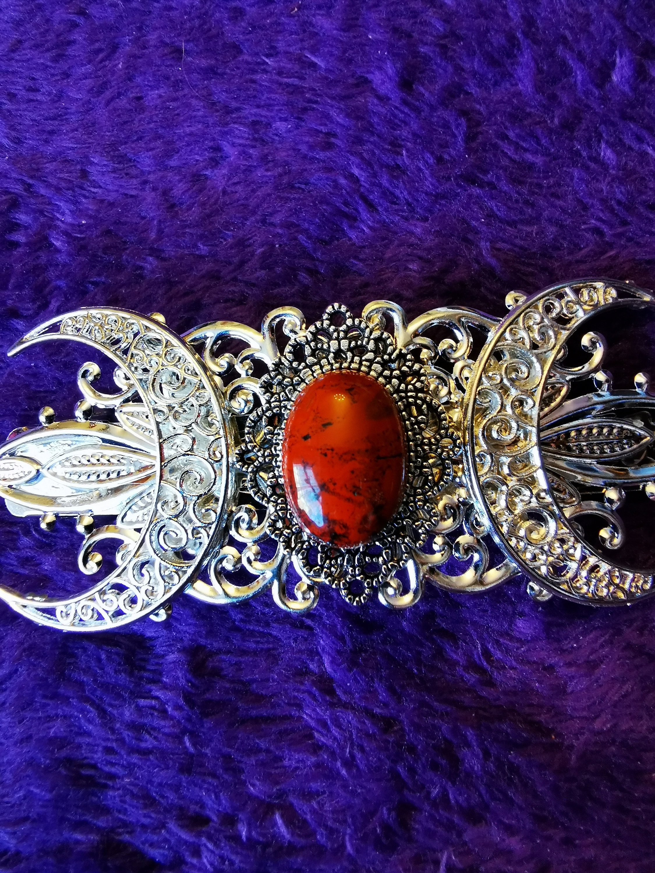 Barrette Ancienne En Métal Chromé Avec Pierre Aventurine - Vintage Bon état