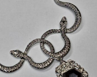 double snake necklace  with gemstone pendant  drop snake lovers celtic pagan witchy gothic  jewellery