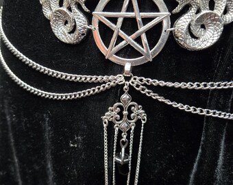 snakes and pentagram  belt with gemstone  drop snake lovers gothic altar jewellery