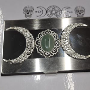 Portatarjetas de visita con diseño de triple luna y piedras preciosas, pagano, celta, brujería