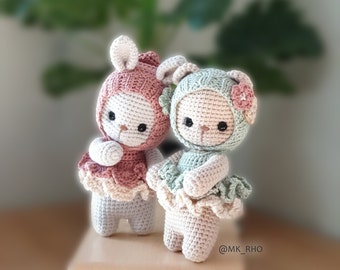 crochet doll pattern,amigurumi, baby bear and bunny