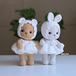 Baby Bear and Bunny in White dress, amigurumi, crochet pattern, pdf.