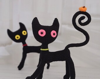 かぎ針編みの黒猫あみぐるみのパターン：ハロウィンぬいぐるみ（PDF