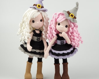 modèle au crochet, modèle peluche amigurumi sorcière et chat crocheté.