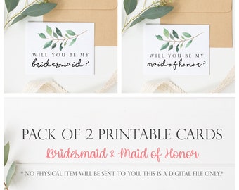 Wedding Party Cards Set Pack of 2 cards Bridesmaid Maid of Honor Cards Pack Greenery Eucalyptus Printable INSTANT DOWNLOAD