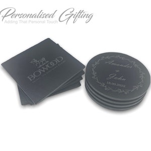 Juegos de posavasos de pizarra redondos grabados personalizados CUALQUIER logotipo o texto Juego de posavasos de pizarra cuadrados lisos personalizados Recuerdo de boda a medida