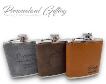 Personalised Brown Leather 6oz Hip Flask with Gift Box Engraved Tan Hipflask Personalized Any Logo Wedding Favour Best Man Groomsman Stag Do
