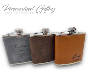 Personalised 6oz Hip Flask Brown Leather with Gift Box Engraved Tan Hipflask Personalized Any Logo Wedding Favour Best Man Groomsman Stag Do