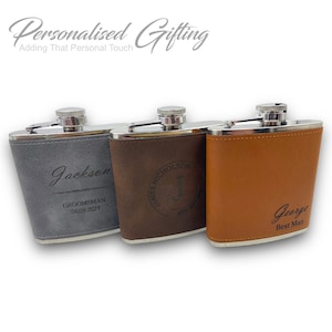 Personalised 6oz Hip Flask Brown Leather with Gift Box Engraved Tan Hipflask Personalized Any Logo Wedding Favour Best Man Groomsman Stag Do