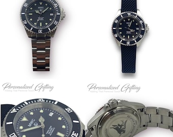 Personalised Submariner Divers Watch Military Bespoke Engraved Quartz MWC Wristwatch Personalize Any Logo, Any Text with Strap and Gift Box