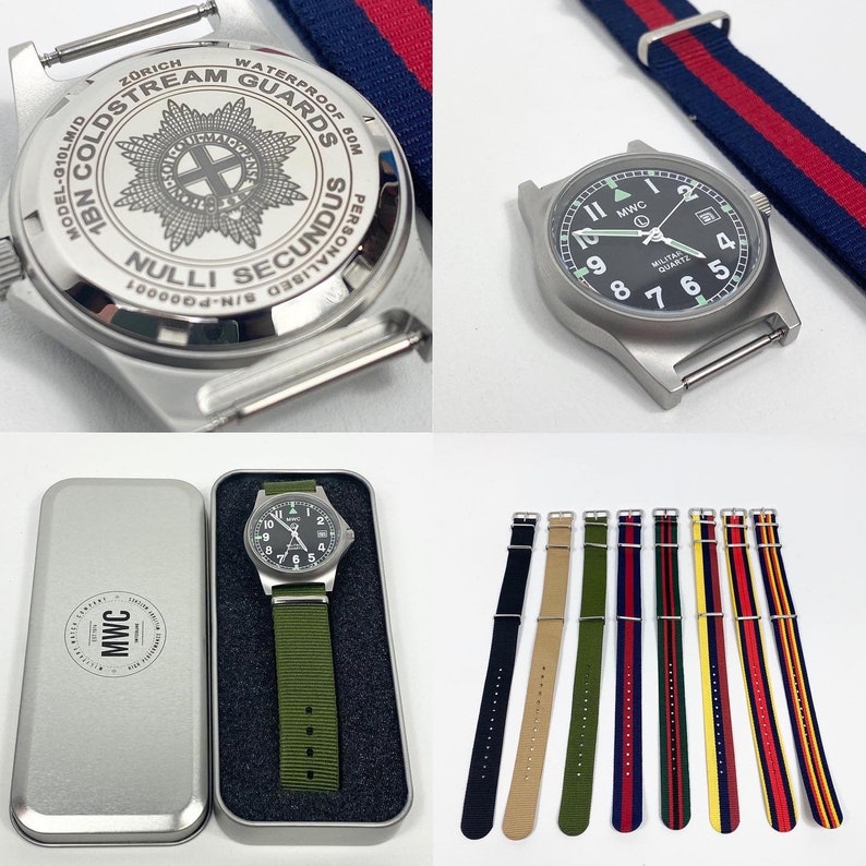 Puede incluir: Un reloj de pulsera plateado con una esfera negra y marcas blancas. El reloj tiene una correa de nailon verde y est&aacute; en una caja plateada. La caja tiene una etiqueta negra con el texto "MWC" en blanco.