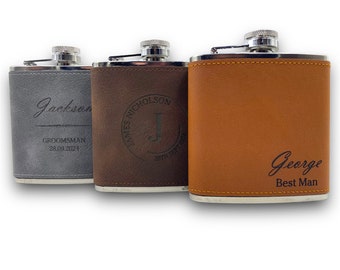 Personalised Brown Leather Hip Flask with Gift Box: Engraved Wedding Favour