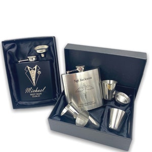 Personalised Engraved 6 oz Hipflask Any Logo Any Text Metal Personalized Hip Flask Engraved Gift Set with Shot Cups Wedding Gift Fathers Day