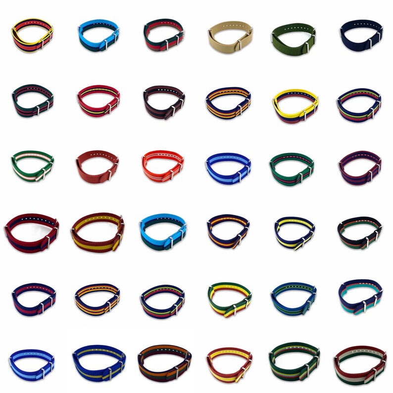 Puede incluir: Una colecci&oacute;n de 36 correas de reloj coloridas, cada una con una combinaci&oacute;n de colores diferente. Las correas son de nylon y tienen un cierre de hebilla.