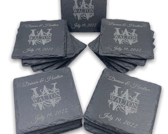 Engraved Round Slate Coasters / Quality Personalised Monogram Square Slate Coaster Set Personalized / Heart Slate Place Mat Wedding Gift