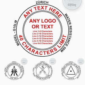 Puede incluir: Una pegatina circular negra y roja con el texto "Zurich" y "Any Text Here" en un c&iacute;rculo blanco. El texto "Any Logo or Text" est&aacute; en un c&iacute;rculo blanco m&aacute;s peque&ntilde;o. El texto "40 Characters" est&aacute; en un c&iacute;rculo rojo. El texto "Water Resistance 50m Limit" est&aacute; en un c&iacute;rculo negro.