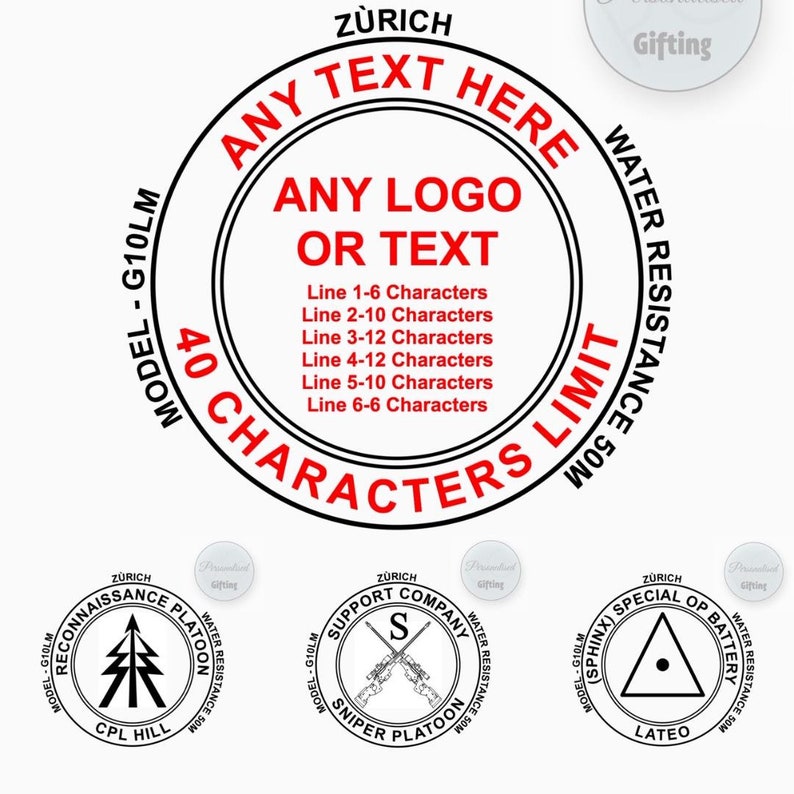 Puede incluir: Una pegatina circular negra y roja con el texto "Zurich" y "Any Text Here" en un c&iacute;rculo blanco. El texto "Any Logo or Text" est&aacute; en un c&iacute;rculo blanco m&aacute;s peque&ntilde;o. El texto "40 Characters" est&aacute; en un c&iacute;rculo rojo. El texto "Water Resistance 50m Limit" est&aacute; en un c&iacute;rculo negro.