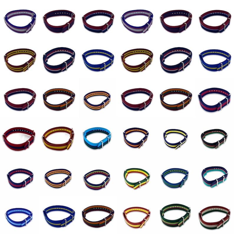 Puede incluir: Una colecci&oacute;n de 36 correas de reloj coloridas con diferentes patrones de rayas. Las correas est&aacute;n hechas de nylon y tienen un cierre de hebilla.