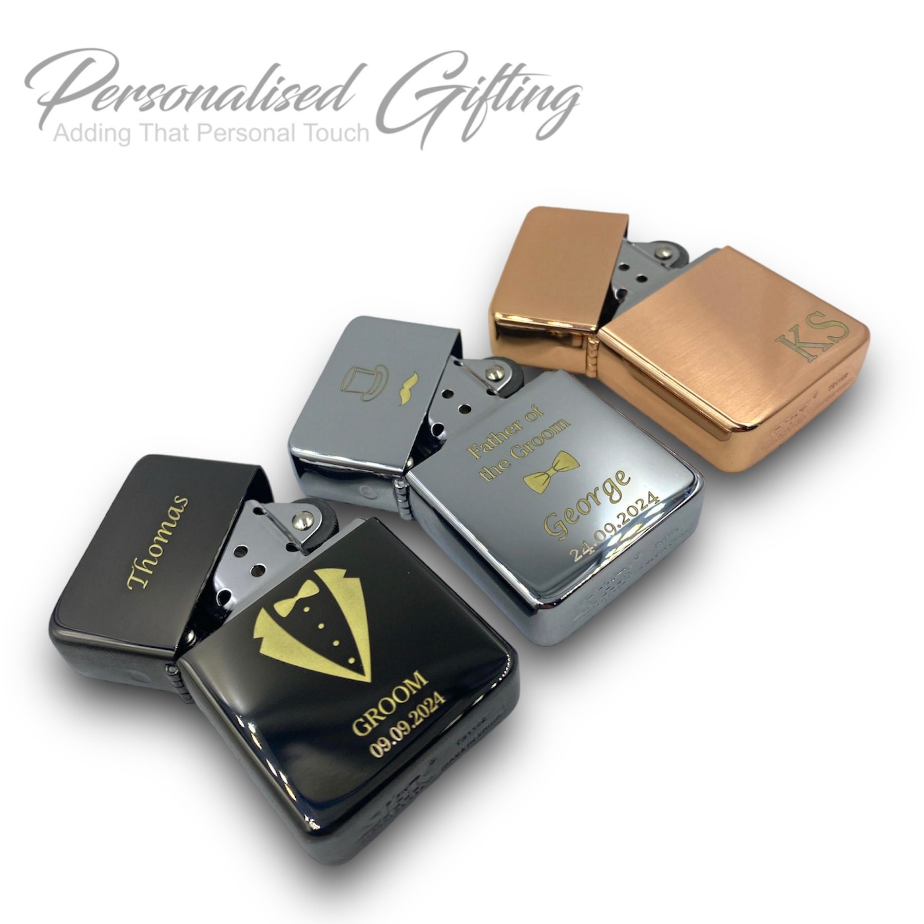 Personalised Engraved Lighter With Presentation Box Refillable Lighters  Gift Any Occasion Wedding, Groomsman, Best Man, Usher GOLD ENGRAVING