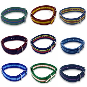 May include: Nine different coloured watch straps with a striped design. The straps are made of nylon and have a silver buckle.