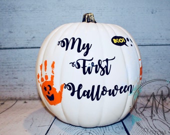 My First Halloween Pumpkin- with ACTUAL hand and foot print images to scale!! - Halloween Decor- Baby's First Halloween Pumpkin