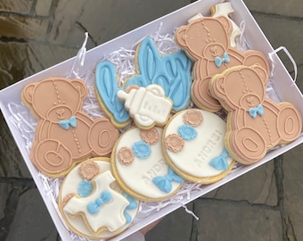 Personalized Baby Shower Cookies: Teddy Bear, Pram, Bottle - Set of 11