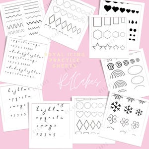 May include: A collection of white practice sheets for royal icing, featuring various shapes, lines, and lettering styles. The sheets include hearts, circles, squares, and different fonts for practicing cake decorating techniques. The text "Royal Icing Practice Sheets" is visible.
