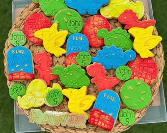 Dinosaur Cookies x12 | Colourful Personalised Dino Party Favours | Kids Birthday Decorated Biscuit Set | Handmade Cookie Gift Box