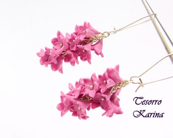 Pink clusters of polymer clay, flower bouquet earrings, pink bunch earrings of pink color.
