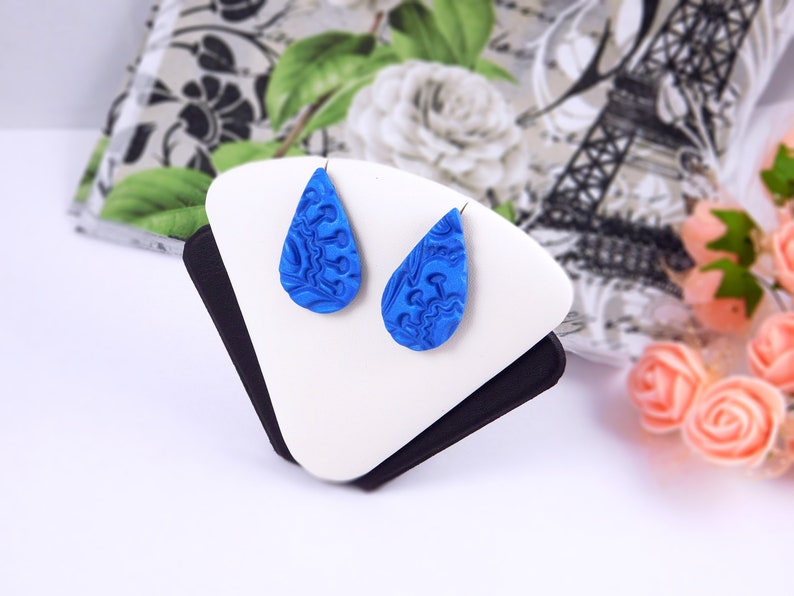 Blue drop studs earrings polymer clay patterned earrings handmade blue shimmer color gift for her