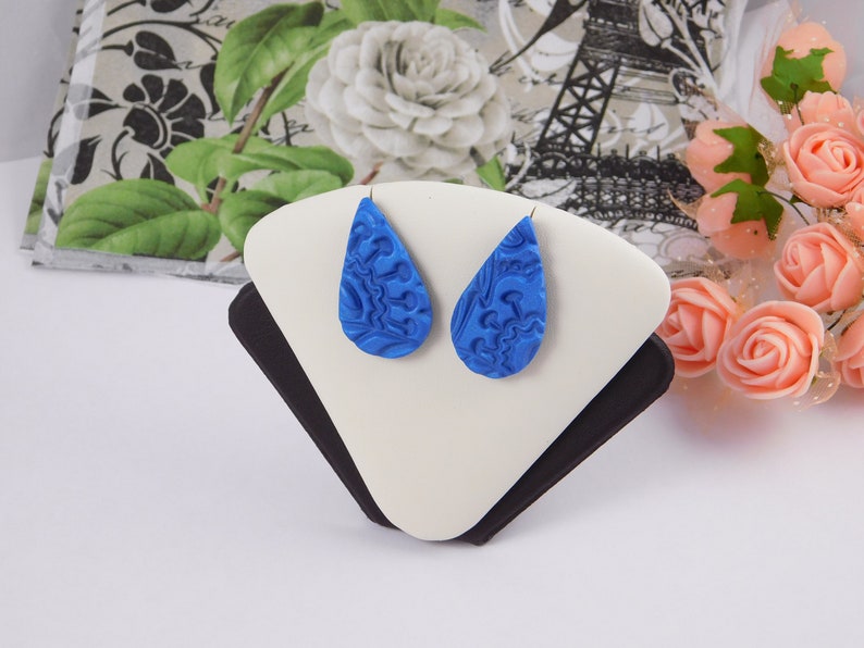 Blue drop studs earrings polymer clay patterned earrings handmade blue shimmer color gift for her