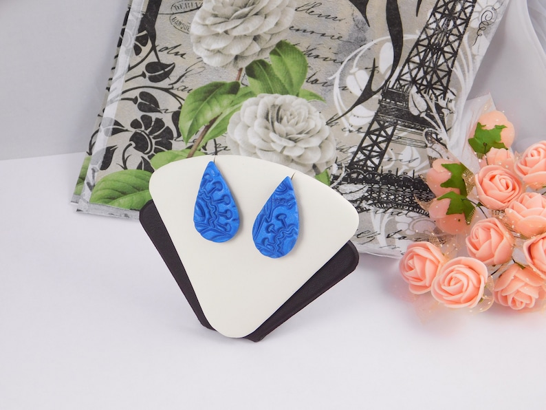 Blue drop studs earrings polymer clay patterned earrings handmade blue shimmer color gift for her